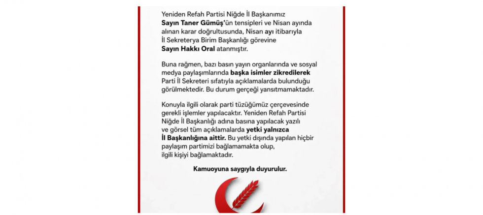Taner Gümüş: Niğde İl Başkanlığı Adına Açıklama Yetkisi Yalnızca İl Başkanlığımıza Aittir - GÜNDEM - İnternetin Ajansı