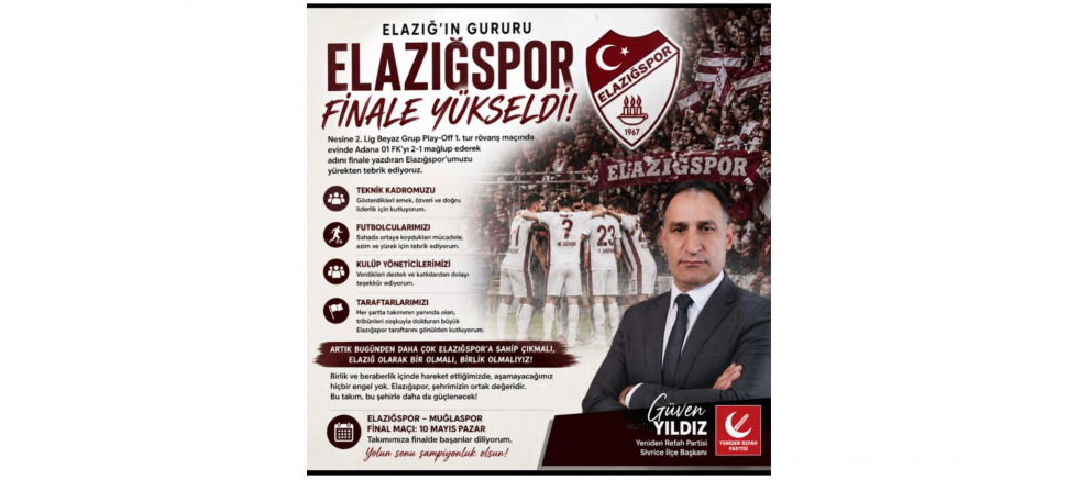 Yeniden Refah Partisi Sivrice İlçe Başkanı Güven Yıldız: “Elazığspor’un başarısı Elazığ’ın gururudur” - GÜNDEM - İnternetin Ajansı